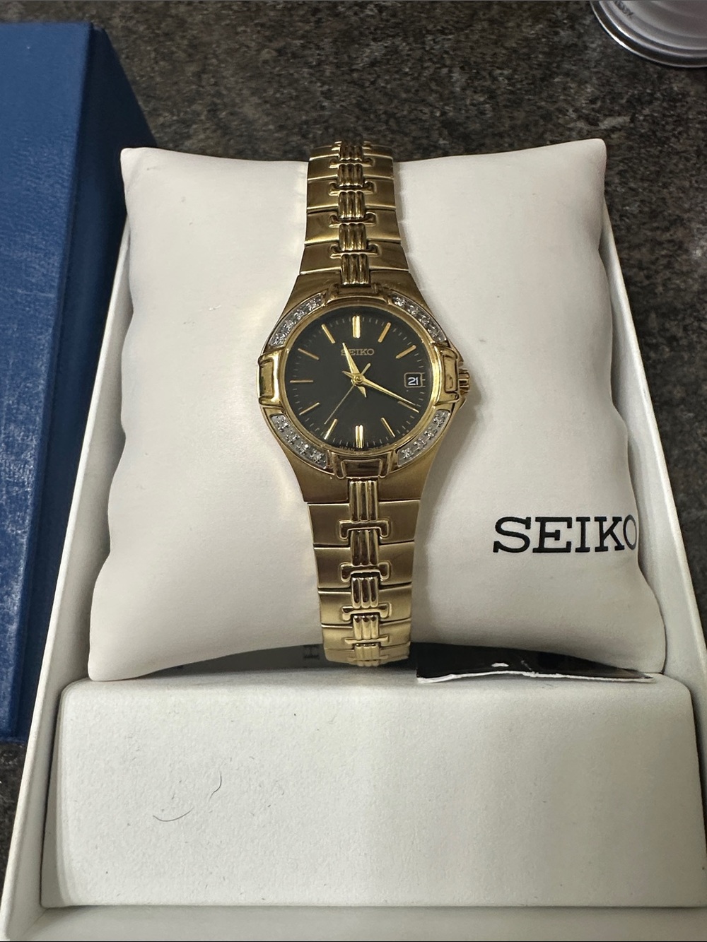 Seiko Gold-Tone Women's Bracelet Watch with Black Dial and Crystal, 16 diamonds
